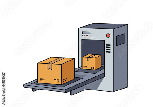 A conveyor belt system scans two cardboard boxes. Modern industrial design, clean lines, and a professional setting. Suitable for logistics, shipping, and e-commerce visuals.