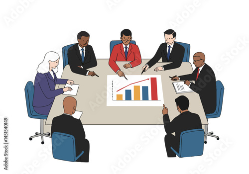 Diverse team discusses a rising graph at a boardroom table. Professional setting, modern illustration style, clear composition, business strategy.