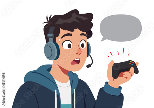 A young man intensely plays a video game, holding a controller and wearing headphones. Expressive facial expression conveys excitement. Modern, digital lifestyle.