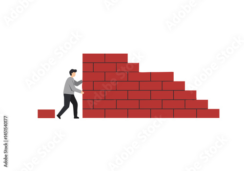A man pushes a brick wall upwards, symbolizing effort and progress. Clean, modern illustration with a neutral background. Suitable for business and motivation themes.