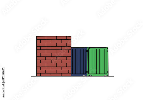 A minimalist illustration depicts a brick wall and two shipping containers ? one red and one green ? creating a graphic composition. Clean lines and flat design style.