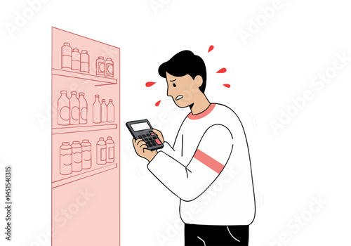 A stressed man calculates expenses, overwhelmed by a grocery shelf.  Expresses anxiety and financial worry.  Clear, modern illustration.