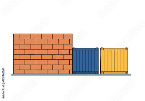 A simple graphic illustration depicts a brick wall juxtaposed with two shipping containers ? one blue and one yellow. Clean lines and a modern aesthetic create a visually striking composition.