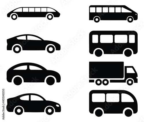 Silhouette Icons of Cars, Buses, and Trucks – Vector Transportation Set