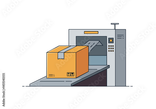 A stylized illustration depicts a box entering a shipping scale machine. Clean lines and a modern aesthetic create a professional and appealing visual.