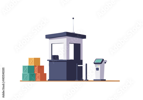 A stylized security checkpoint with stacked crates and a kiosk. Clean, graphic illustration. Suitable for business and technology themes.