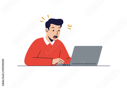 A surprised young man sits at a laptop, reacting to something on the screen. Modern illustration style, bright colors, dynamic composition.