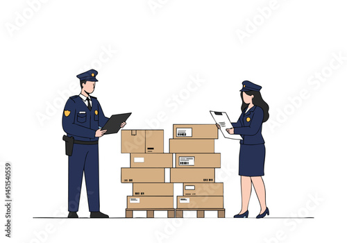 Two police officers inspect shipping boxes, demonstrating secure delivery. Clean, professional illustration style.