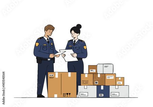Two police officers examine shipping boxes, suggesting logistics and security. Clean, modern illustration with a pink background.