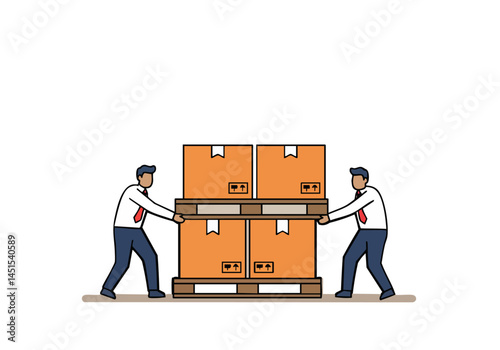 Two professionals carefully move a pallet of boxes. A strong, collaborative image for business and logistics. Clean, modern illustration style.