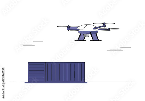 A white drone hovers above a shipping container. Clean, modern illustration with a purple background. Ideal for logistics, technology, and delivery concepts.