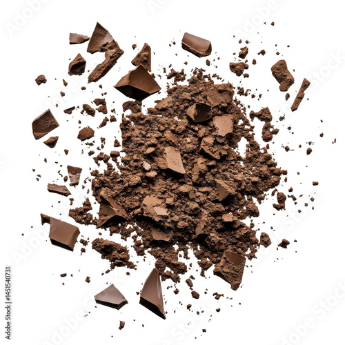 Shattered coffee powder scattered on a clean transparent background highlighting its texture and rich color, Shattered coffee powder isolated on transparent background