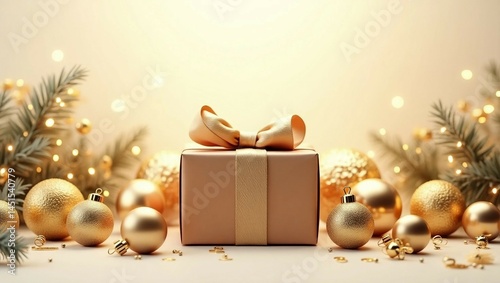 christmas background with gift box and golden ribbon