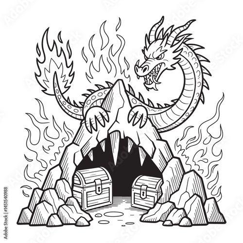 Fierce dragon guarding fiery treasure cave coloring page fantasy line art with gold chests
