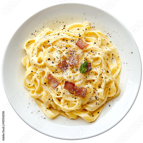 Pasta carbonara with bacon, cheese, basil on a white plate, isolated on white background.