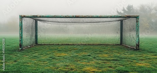 Solitary Soccer Goal in Misty Field
