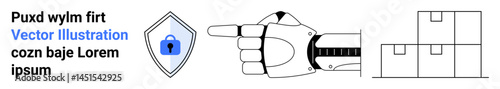Robotic hand gestures toward shield with padlock and stack of geometric boxes. Ideal for technology, AI, cybersecurity, logistics, protection, innovation, flat landing page banner