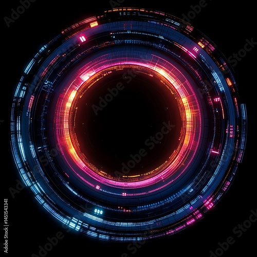 Neon Circular Portal: Futuristic glowing neon circle with pink and blue light streaks on black background.  The portal is ideal for science fiction themes or technology related projects.