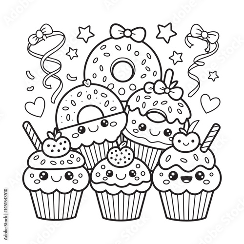 Cute cupcakes and donuts coloring page kawaii sweets with faces, stars, hearts, and decorations