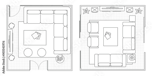 Family room furniture outline top view. Floor plan icons set for design interior and architectural project. Furniture thin line icon in top view for layout.