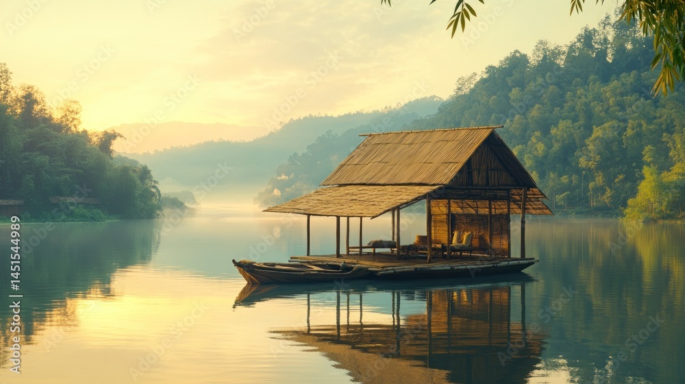 Fototapeta premium Tranquil Sunrise Floating House on Serene River