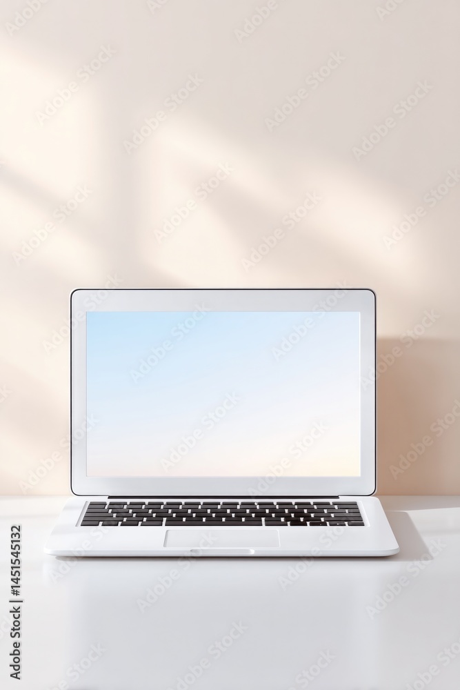 Fototapeta premium minimalist remote work setup featuring sleek laptop on simple desk complemented by ample copy space