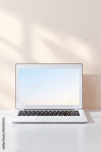 Wallpaper Mural minimalist remote work setup featuring sleek laptop on simple desk complemented by ample copy space Torontodigital.ca