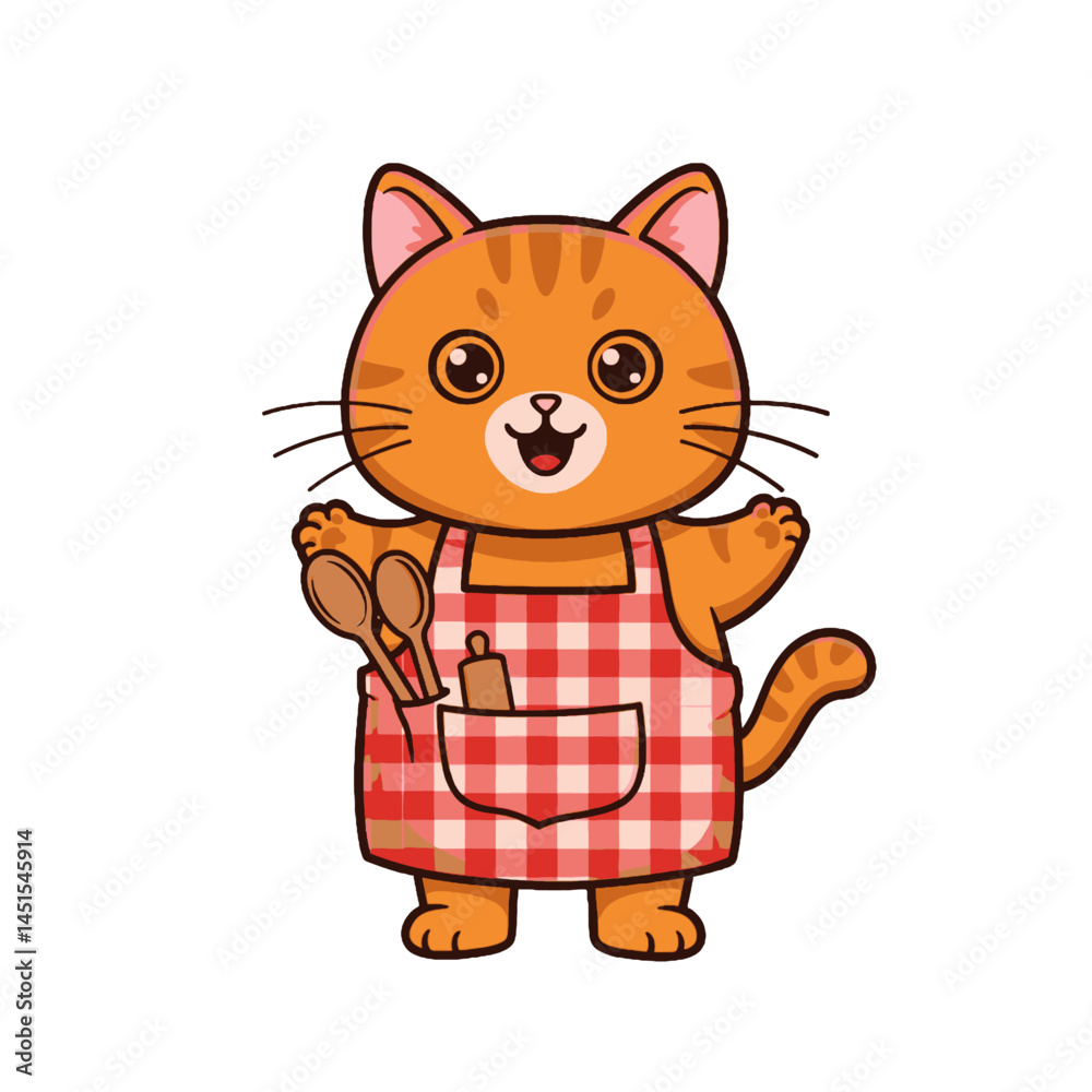 Fototapeta premium Cute cartoon cat chef with apron holding spoons and rolling pin