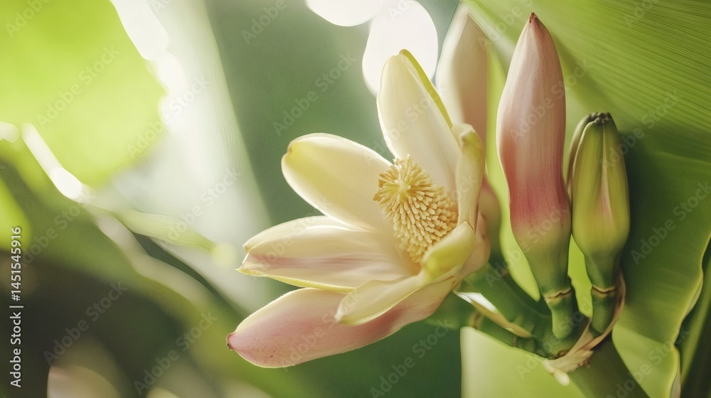 Obraz premium Banana blossom close-up, sunlight, green leaves, tropical plant. Use Botanical illustration, food blog