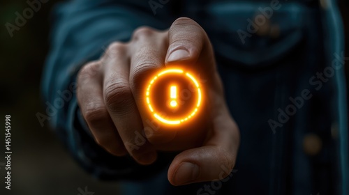 A hand pointing to a glowing warning sign