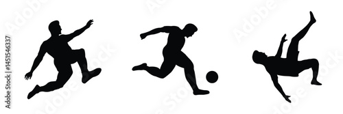 Collection of soccer player silhouettes in dynamic kicking poses, ideal for sports design, infographics, and motion concepts.