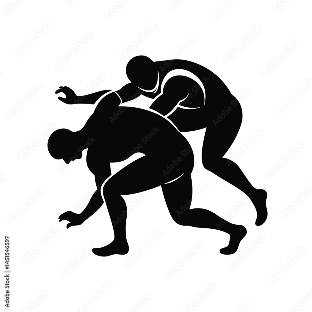 Two Wrestlers Grappling in Fierce Match – Silhouette Vector Image on White Background Two Wrestlers Grappling in Fierce Match – Silhouette Vector Image on White Background