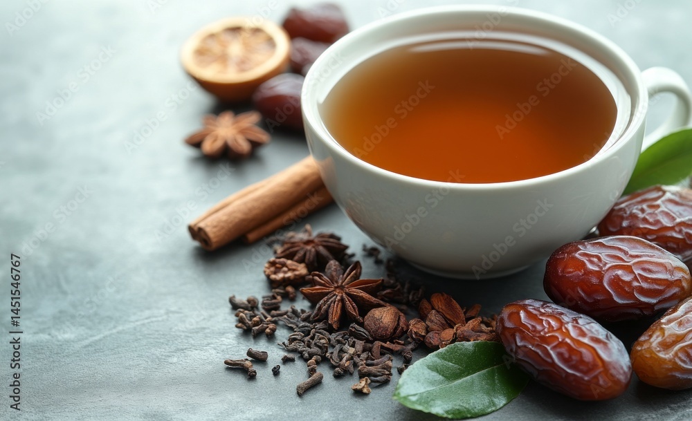 Fototapeta premium Minimalist Ramadan Concept with Dates, Tea, and Cinnamon Sticks on Light Gray Background