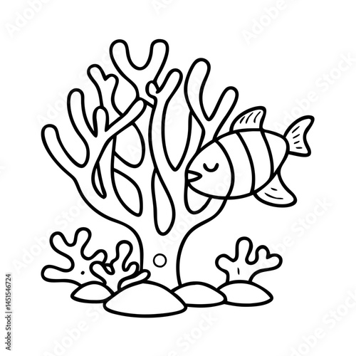 coral and fish icon, coral and fish line art - simple line art of coral and fish, perfect for coral and fish logos and icons
