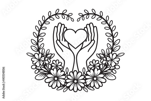 Hands Holding Heart Surrounded by Floral Wreath, Black and White Design