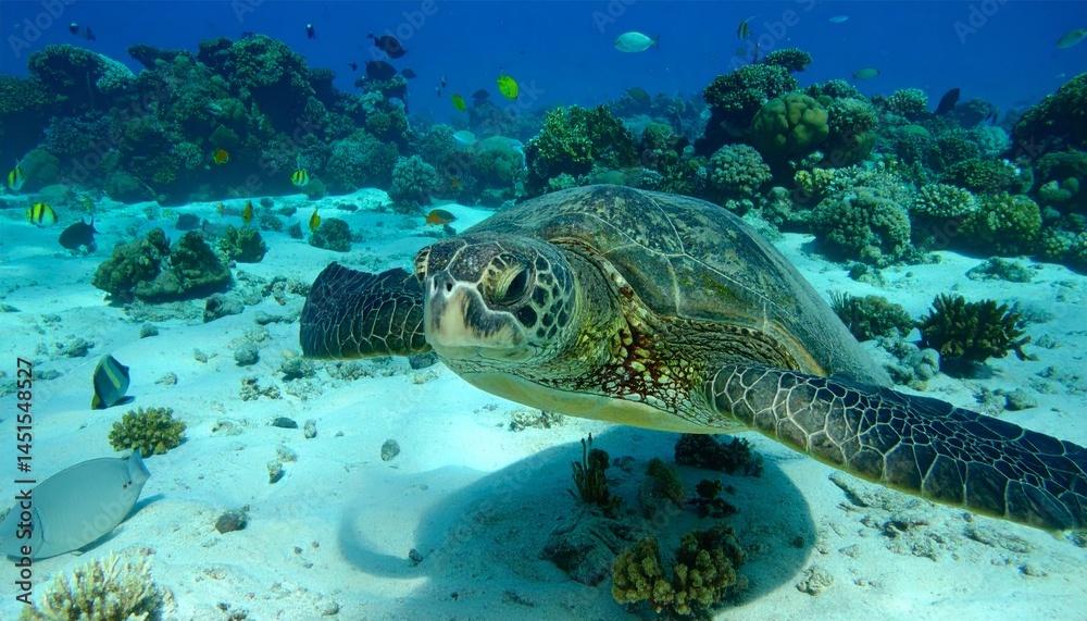 Obraz premium Sea Turtle On Colorful Coral Reef Underwater Scene