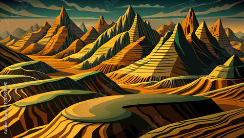 The contrast of light and shadow paints eerie patterns on eroded hills