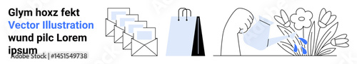 Envelopes signify communication, a shopping bag represents commerce, and watering flowers symbolizes nurturing and growth. Ideal for business, communication, customer care, e-commerce