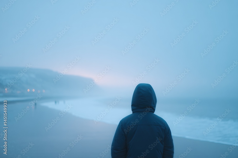 Fototapeta premium solitary figure stands solemnly on serene beach evoking deep reflection and poignant memories with blurred figures