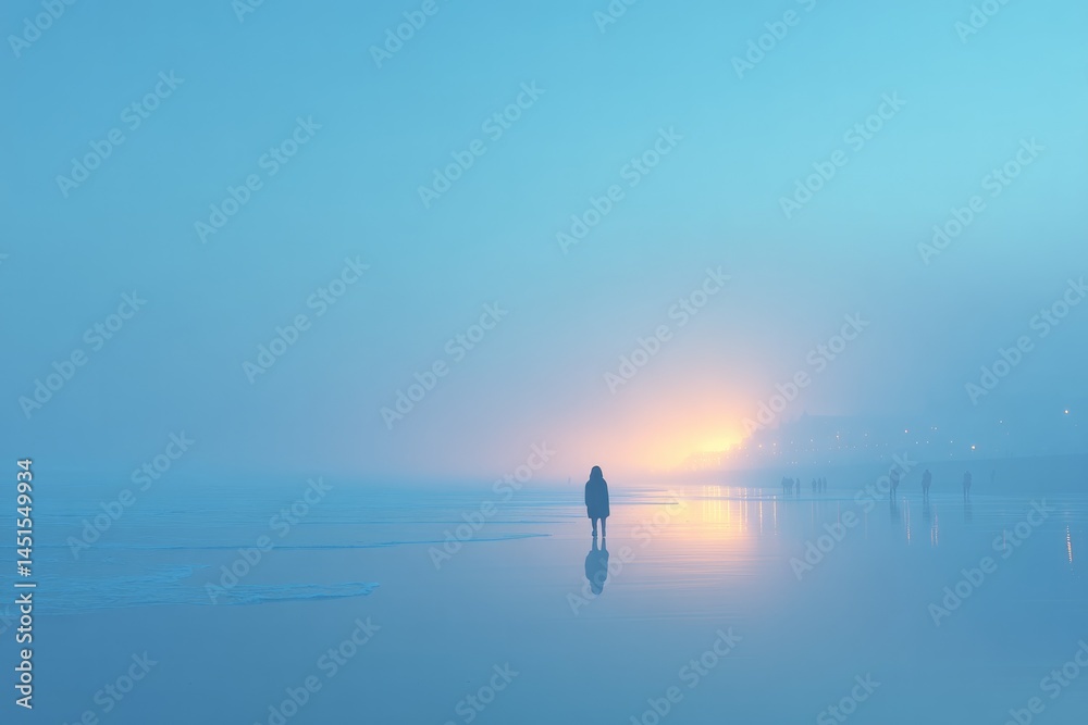 Fototapeta premium solitary figure stands solemnly on serene beach evoking deep reflection and poignant memories with blurred figures
