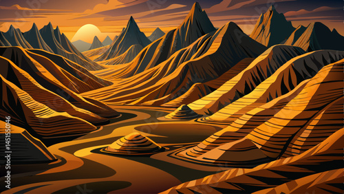 The contrast of light and shadow paints eerie patterns on eroded hills
