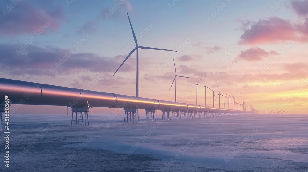 Fototapeta premium Pipeline and Wind Turbines at Sunset: A Vision of Sustainable Energy