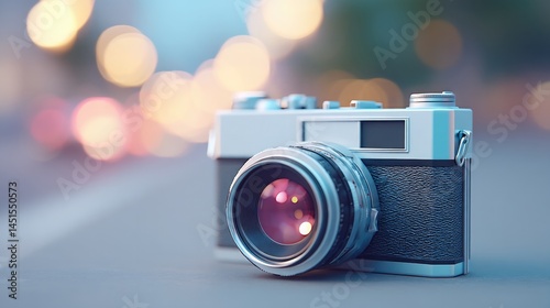 vintage film camera with blurred background featuring people silhouettes captured in bokeh