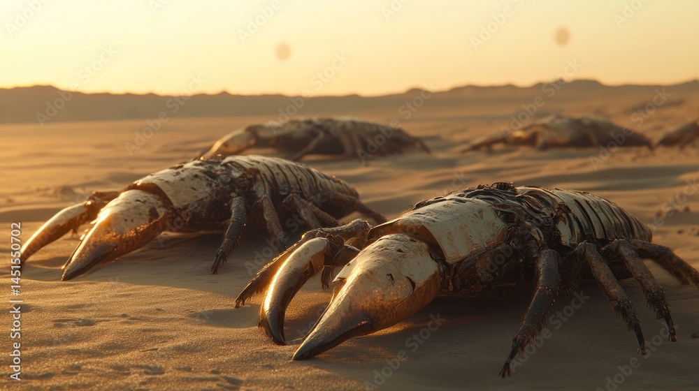 Fototapeta premium Golden Crab-like Creatures in Desert Sunset