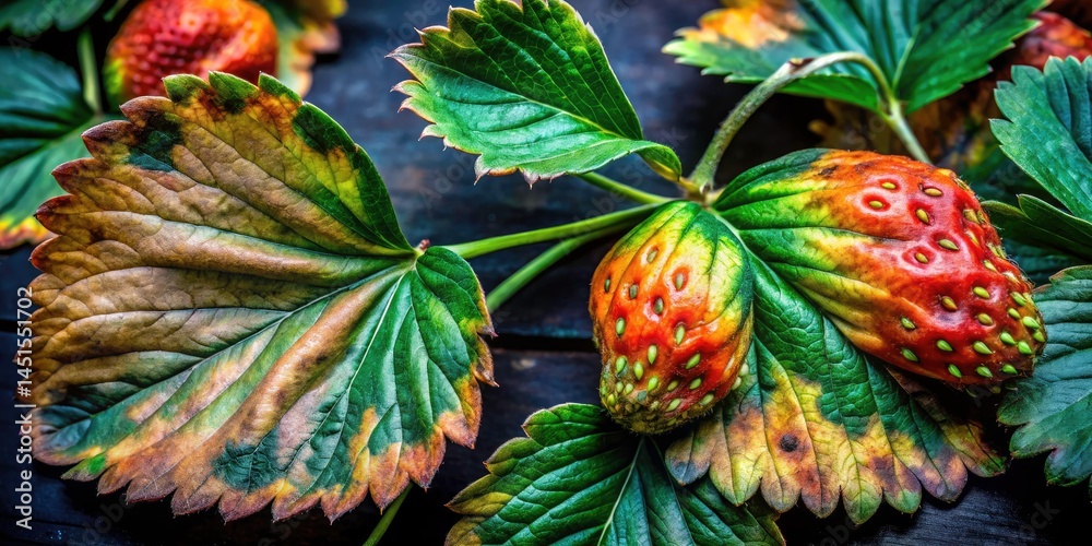 Fototapeta premium Strawberry Leaf Diseases: Long Exposure Photography - Anthracnose, Leaf Spot, Powdery Mildew, Verticillium Wilt Images