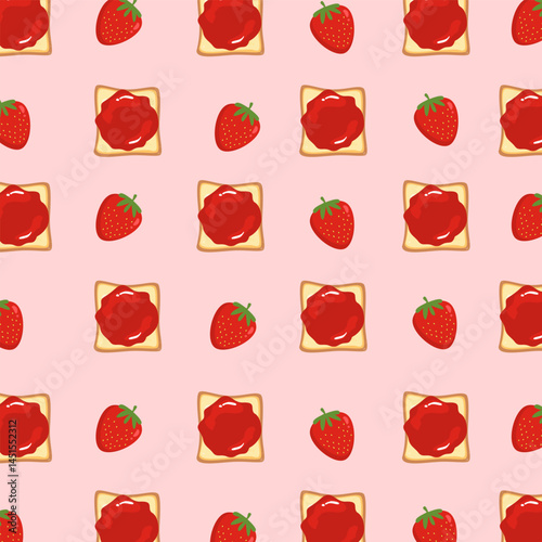 Toast seamless pattern with jam and strawberry on pink background. Food illustration. Can be used for wallpaper, print and fashion fabric