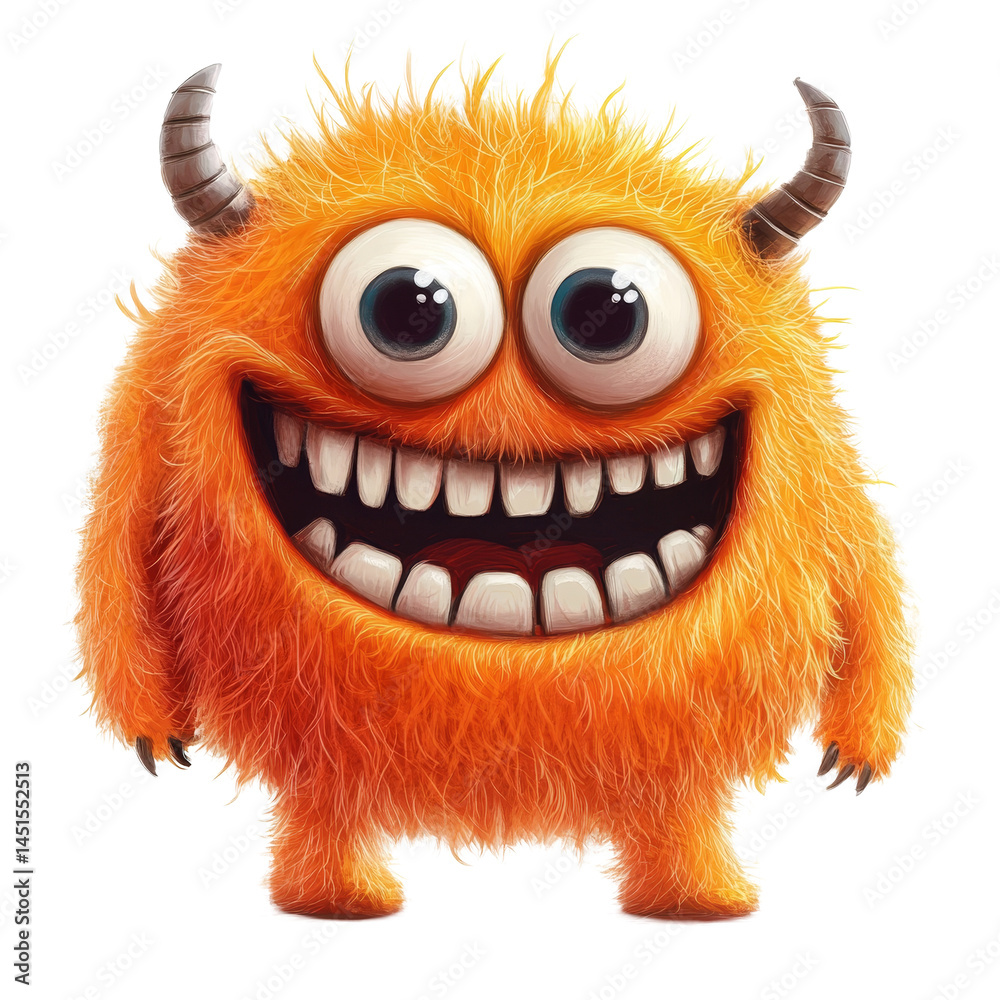 Cute and cheerful orange furry monster character cartoon displaying a joyful expression in a vibrant setting, Happy Orange Furry Monster Cartoon Illustration on transparent background