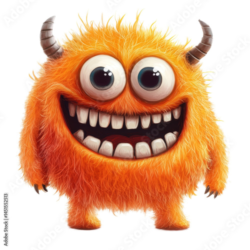 Obraz na płótnie Cute and cheerful orange furry monster character cartoon displaying a joyful expression in a vibrant setting, Happy Orange Furry Monster Cartoon Illustration on transparent background w salonie