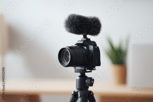 close-up of professional dslr camera mic and tripod setup on neutral background ready to film within modern and minimalistic