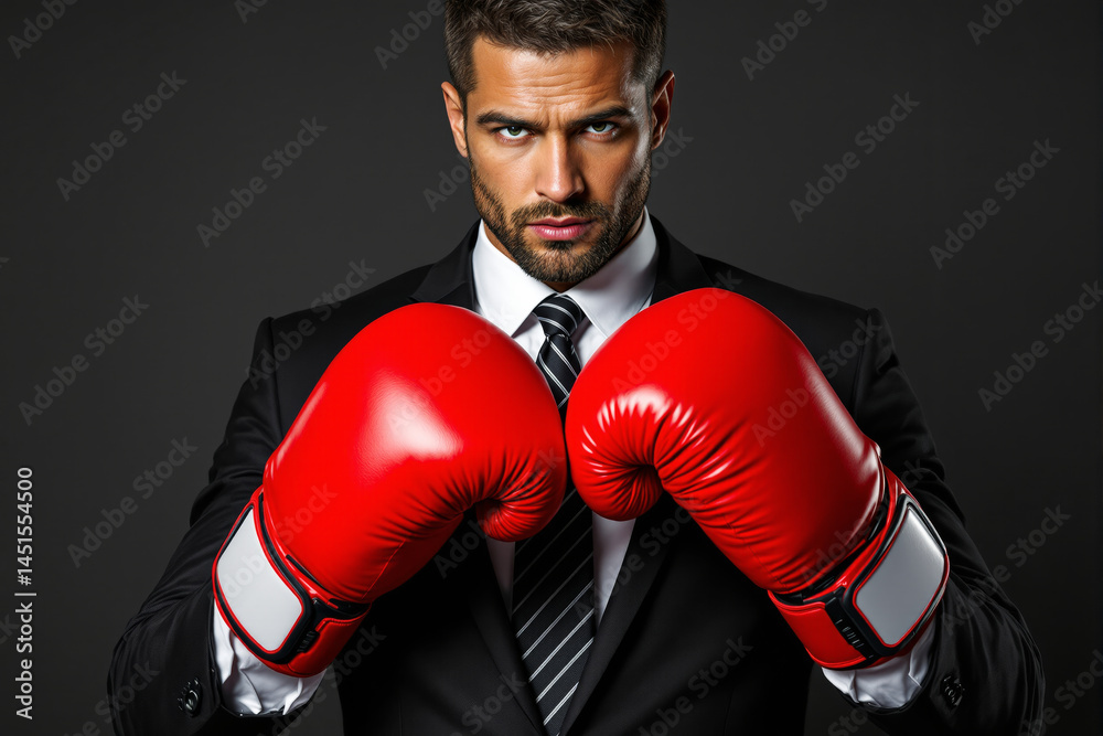 Businessman in suit wearing red boxing gloves, standing in fighting stance. Businessman in suit wearing red boxing gloves, standing in fighting stance.